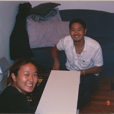Jimmy helping Peggy to build shelves, West Village apartment, NYC 2001.  The futon behind Jimmy is the entire width of Peggy's room.