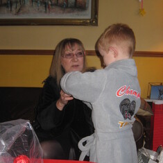 Daniel opening presents with Auntie Penny 2013