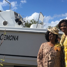 Sally with her and Percy’s oldest daughter Sonia in front of Percy boat named after his wife.