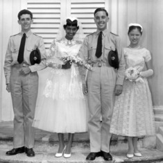 1959-04-04 - Peter and Kotha with Graham Price (Best Man) and Tan Kooi Guat (Bridesmaid).