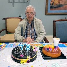 2014-05-18 - Peter celebrating his 78th birthday (with 2 cakes!!) at Stretton Gardens.