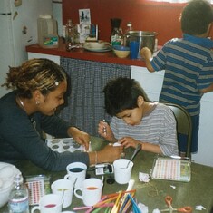 Denise, our au pair from Papua New Guinea, helped the kids color Easter eggs.
