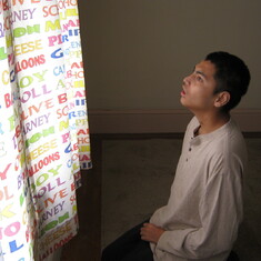 When Peter moved into the yellow house we had someone make curtains with all his favorite words on them.