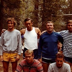 Sept 5, 1971 - Labor Day weekend.  Peter with his volleyball buddies from Sokol Los Angeles.  This was taken during our annual campout by Hume Lake.  Peter loved the mountains of the Sierra and swimming in the lake, and the company of friends..