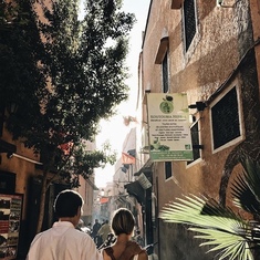 Poppa and Marija walking through the streets of the Medina in Marrakech, Morocco. Fall 2017