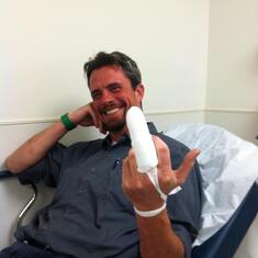 Phil had to have a couple of stitches in his finger, he sent me this photo from the hospital.