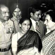 With Prime Minister Indira Gandhi at the ceremony for award to the presidential medal, AVSM.
