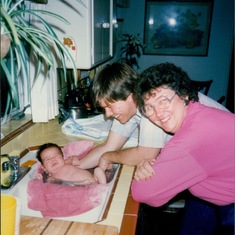 Grandma Polly, Doug and Tom; Bath at Grandma's: Fresno, 1990