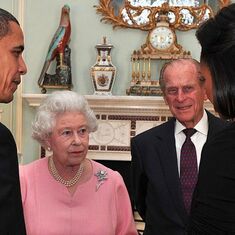 Queen Elizabeth and Prince Philip visit Barrack and Michelle Obama.