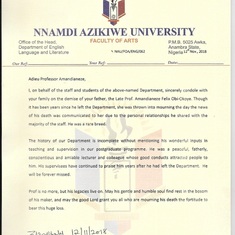 Tribute from English Department, Nnamdi Azikiwe University, Awka