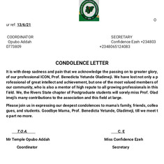 Tribute/ Condolence from postgraduate Nigerian Association of clinical psychology students, Rivers S