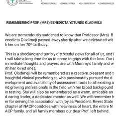 Condolence  letter from Nigerian Association of Clinical Psychologists Rivers State chapter