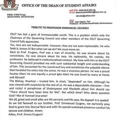 A tribute from Prof. Jude Udenta Dean of Student Affairs, Enugu State University of Science and Tech