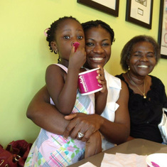 3 generations.
Jordan, Folake, Mary.
Menchie’s Frozen Yogurt. 
East Cobb.
Atlanta Suburb.