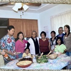 With the Fernandez family in their Alhambra, CA residence.
L-R: Manang Tess, Jim, Rowena, Ethan, Uncle Ric, Auntie Meding, Mom Merle, Dad Ador, Jolene, Edna, and Nina.