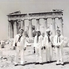 Ralph 3rd from left in Athens Greece with USS Miller shipmates in 1958