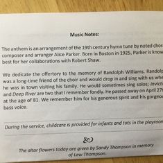 The Winchester, MA church honored Randolph on May 26 with this note in their program.