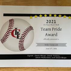 Milo's award for the 2021 season. he was so very proud. Plus, he was awarded this on his Daddy's Birthday.