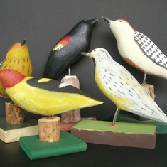 This is a nice group shot of some of dad's bird carvings. These were all done by hand and either painted with acrylics or colored pencils and sometimes both on one piece.
