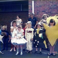1986 -One of the many parades at Keysborough Park Primary School.. With friend Ellysha (with silver boots) Richard as a spaceman, Cameron and Becky as a star. 