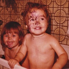 1981 Ahh I love bath time. Cheeky children had played with textas I had forgotten to put away. Thank goodness they only decorated themselves and not the walls lol Richard with sister Andrea.