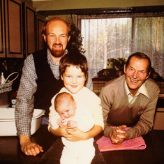 1985 May. Richard adored his new sister, Vanessa. With his Dad and Grandpa Harry (Martin's Dad) 