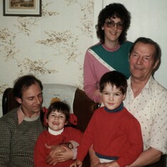 1988. With his Uncle Alan and Grandpa Harry (his Dad Martin's brother and father) his sister Andrea and Mum Christine.