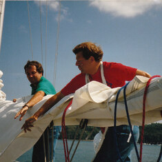 Dick Elmore and Tom Johnson sailing on Puget Sound circa 1987