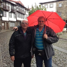 October 2014, rainy day in Gumarais, Portugal, with our Canadian friends (Roger lends his red umbrella)