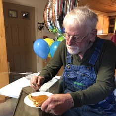 Dick enjoying his Birthday pumpkin pie that Sherry made him every year for his Birthday. 