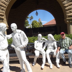 Rick becomes part of a sculpture on the Stanford campus