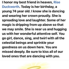This is honoring Rise for her 74th birthday. March 21st