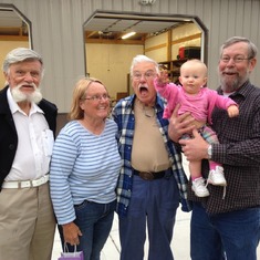 April 2014. Ward and Bob flew to Topeka to visit their niece, Kathy Hurla. This picture from left is Bob, Kathy, Ward, Adalyn (Bob's great-great niece), and Louis (Kathy's husband)