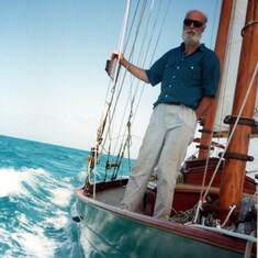 Bob's version of "relaxing" - pacing the deck, en route to Staniel Key, Bahamas. 1992.