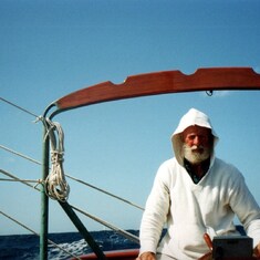 Bob at the helm in The Tongue of the Ocean, between Bimini and Nassau. You can't see it, but it was blowing 25 from astern that day. 1992.