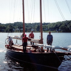 Returning to the dock, 1991 Mystic Schooner Race. L to R Ralph Clark, Al Berry, Clif Seifert, Jack Carey, Captain Bob