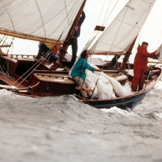 1990 Governor's Cup Regatta, Essex CT. Richard Spooner on the bow in red, Walt Sidor in green, Bob and I at the mast, Al Berry at the helm