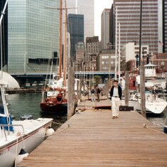 Captain Bob on the docks at South Street Seaport for The Mayor's Cup in 1991. WTC in the background.