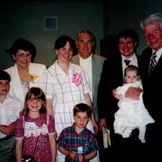 1995 Ruth's Baptism: Lavonne, Cathy Jo, Bob, Rob, Kent, Rebecca, Luke and Ruth with Grampa