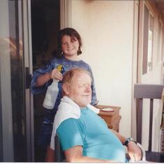 Heather cutting Pappys hair