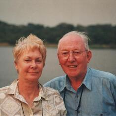 Diana and Bob on the ferry on the Nile in Uganda going from the lodge to Murchison Falls