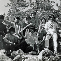 Image from Hume Lake retreat in the early 70's.  Picture taken by Ron Yamada.  Bob is on the left (white shirt) along with my friends Glenn Ito (Left of Bob) and Don Yamamoto (right of Bob)