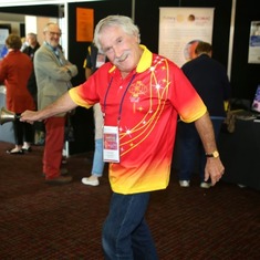 Ronnie ringing a  bell to let Rotary Conference delegates know it was time to return from their morning tea break to the next plenary session. March 2015.
