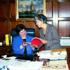 2000: Rose & Laura Efurd goofing around at Sec of Commerce Norm Mineta's desk, after his swearing-in