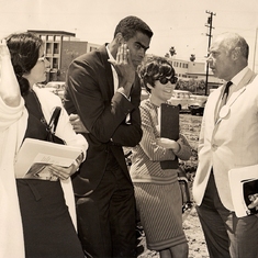 1967. Rosemary (left) on the job as Account Executive for Bishop & Associates, Inc. (Beverly Hills, CA).  This project site was for Centinela Valley Community Hospital, Inglewood, California.  Her boss, Jim Bishop is at far right.