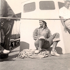 1952 circa.  Rosemary "on fishing boat".  Provincetown, Mass.
