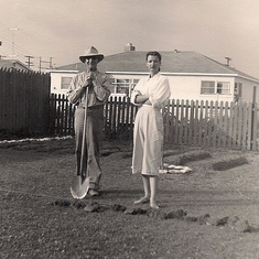 1954, circa.  Rosemary with father, Justin in backyard of father's house in Camarillo, California.