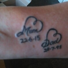 MICHELES  MEMORIAL TO MUM AND DAD .APRIL 24TH 2016 SHE HAD THIS TATTOO DONE FOR THEM