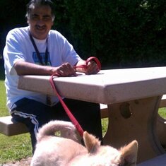 June 30, 2011: Ruben with white Chow Linda at Legg Lake