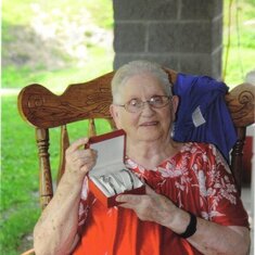 Aunt Ruby showing off the watch and bracelet that she won at the Taylor Jacob Reunion in August 2011.  Such fond memories of that day.